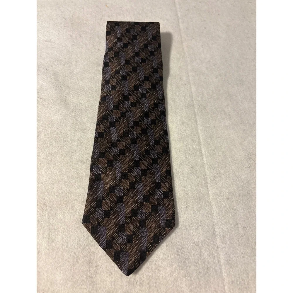Hill & Archer Silk‎ Necktie Mens OS Brown Blue Geometric Block Pattern USA Made